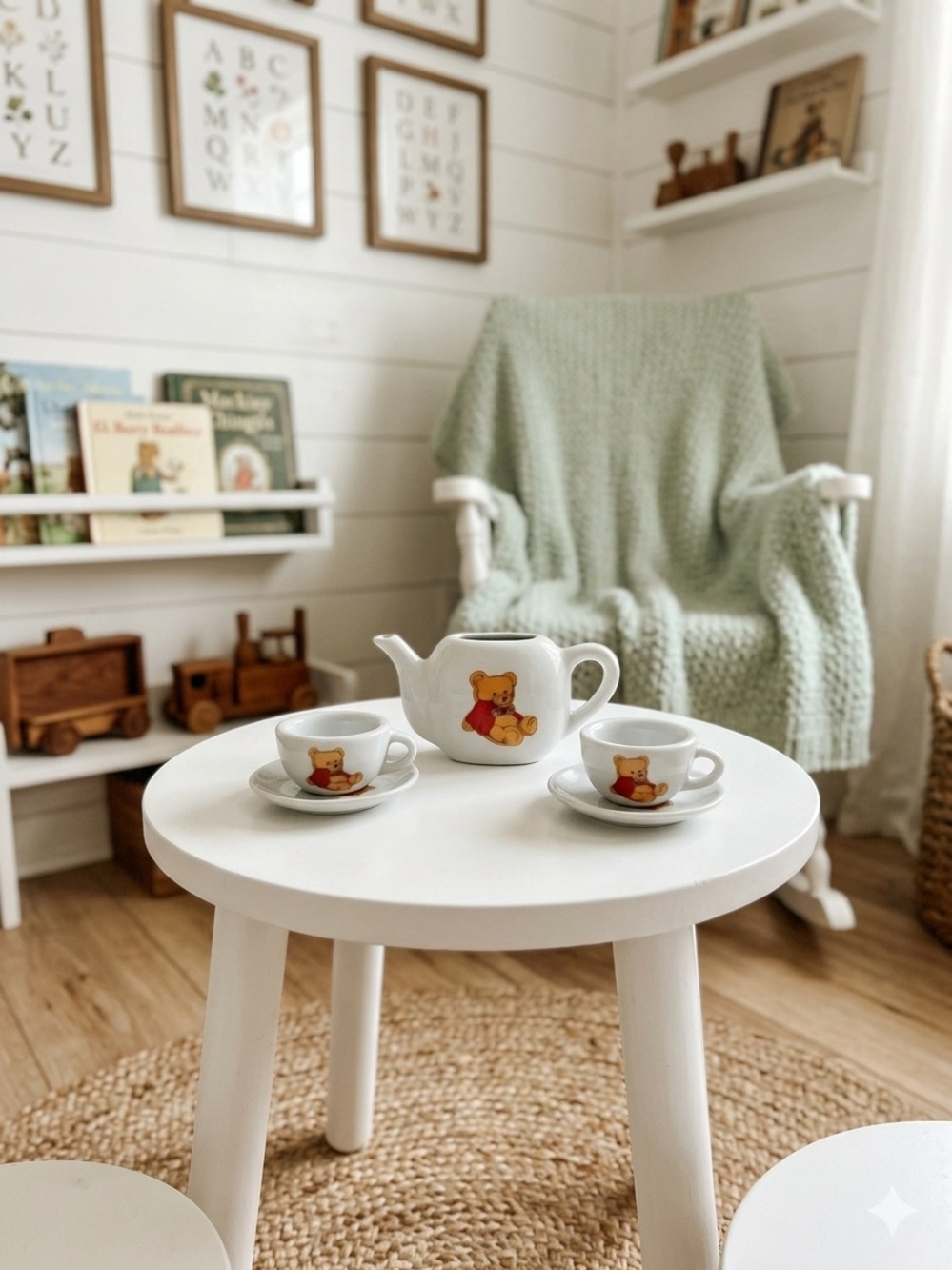 Vintage Battat Porcelain Kids Miniature Tea Set, Bear Motif 5 PCs